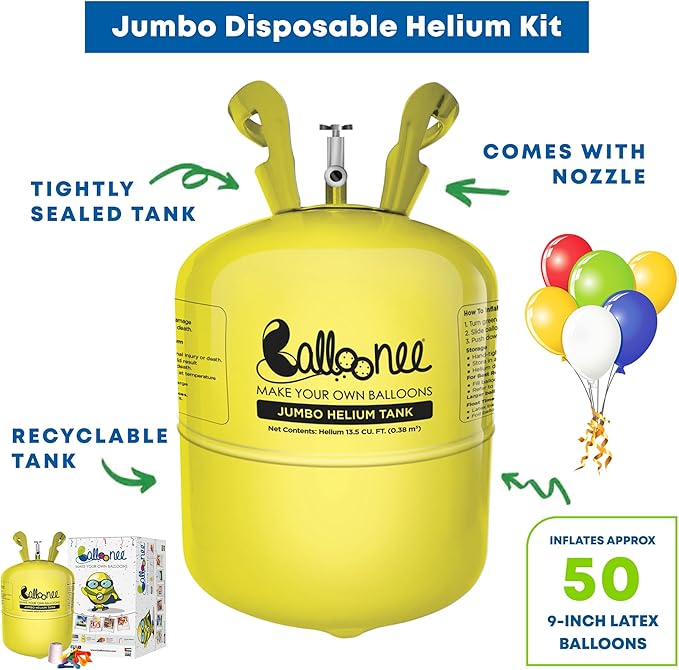 Jumbo Disposable Helium Party Kit - Pack of 3, Helium Tank for Balloons At Home, 14.9 Cu Ft Helium Balloon Pump Kit with 150 Assorted Latex Balloons, Portable for Celebrations