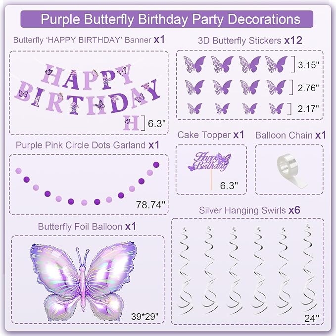 23rd Purple Birthday Decorations for Women, Purple Pink 23rd Birthday Decorations Butterfly Theme Lavender Party Decor Set with Number Balloons, Banner, Sash, Butterfly Stickers