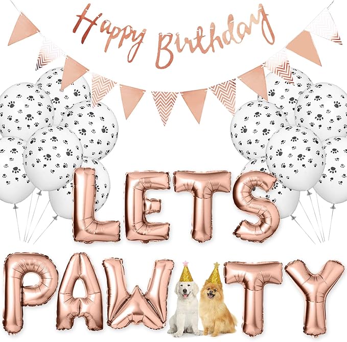 Legendog Dog Paw Print Balloons Cat Birthday Hat Banner Foil Balloons Lets Pawty Letters Decorations (Rose Gold)
