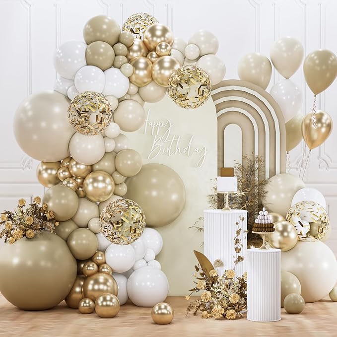PartyWoo Neutral Balloon Arch Kit Garland 142pcs Different Sizes of 18 12 10 5 Inch Off White Sand Cream Ivory Gold Confetti Boho Balloons for Bridal Baby Shower Engagement Birthday Party Decorations