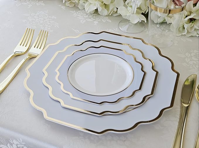 " OCCASIONS " 150 Piece set (25 Guests)-Wedding Plastic Plates & cutlery -Disposable heavyweight Dinnerware 10.5'', 8'' + Silverware w/double fork (Imperial in White/Blue & Gold)