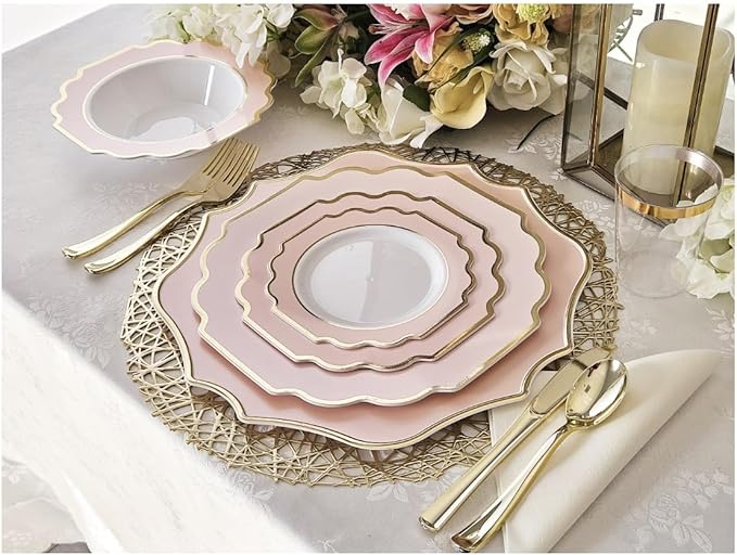 " OCCASIONS " 150 Piece set (25 Guests)-Wedding Plastic Plates & cutlery -Disposable heavyweight Dinnerware 10.5'', 8'' + Silverware w/double fork (Imperial in Blush Pink & Gold)