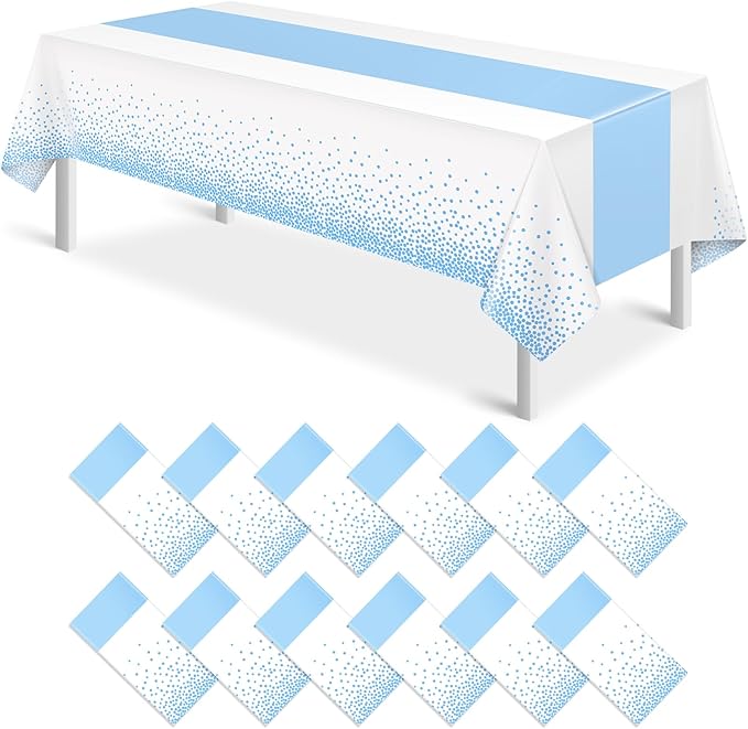 12Pcs White Light Blue Tablecloth Party Decorations,Plastic White Table Cloth Printed Baby Blue Tables Runner Disposable Rectangle Table Cover for Birthday Baby Shower Wedding Party,54 x108 Inch