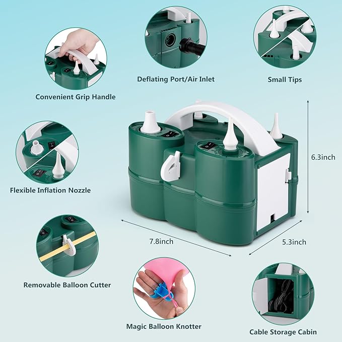 Balloon Pump Electric, 3-in-1 Portable Automatic Dual Nozzle Inflator 110V with Tying Tools for Birthday Gender Reveal Baby Shower Balloons Party Decorations(Green)