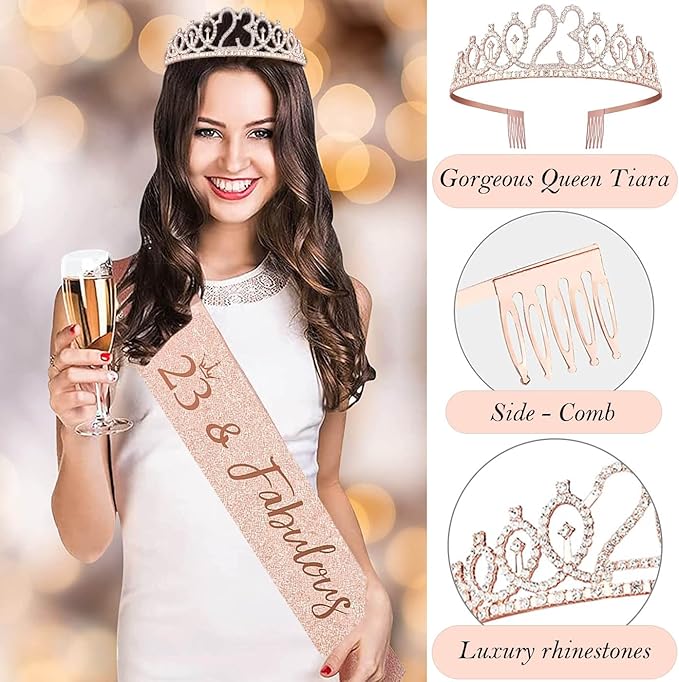 23rd Birthday Decorations for Her Girls Women, Including 23 year old Birthday Cake Topper, Queen Sash with Pearl Pin, Sweet Rhinestone Tiara Crown, Number Candles and Balloons Set, Rose Gold