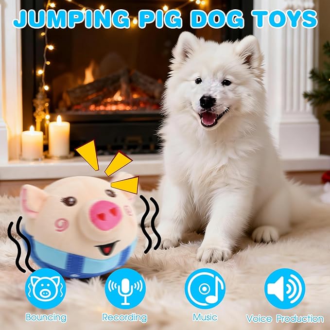 Interactive Dog Toys, Jumping Pig Dog Toys with Bounce, Recording and Music Modes, Active Moving Pet Plush Toy, Washable Cartoon Pig Plush Toy for Puppies/Small/Medium/Large Dogs (Blue)