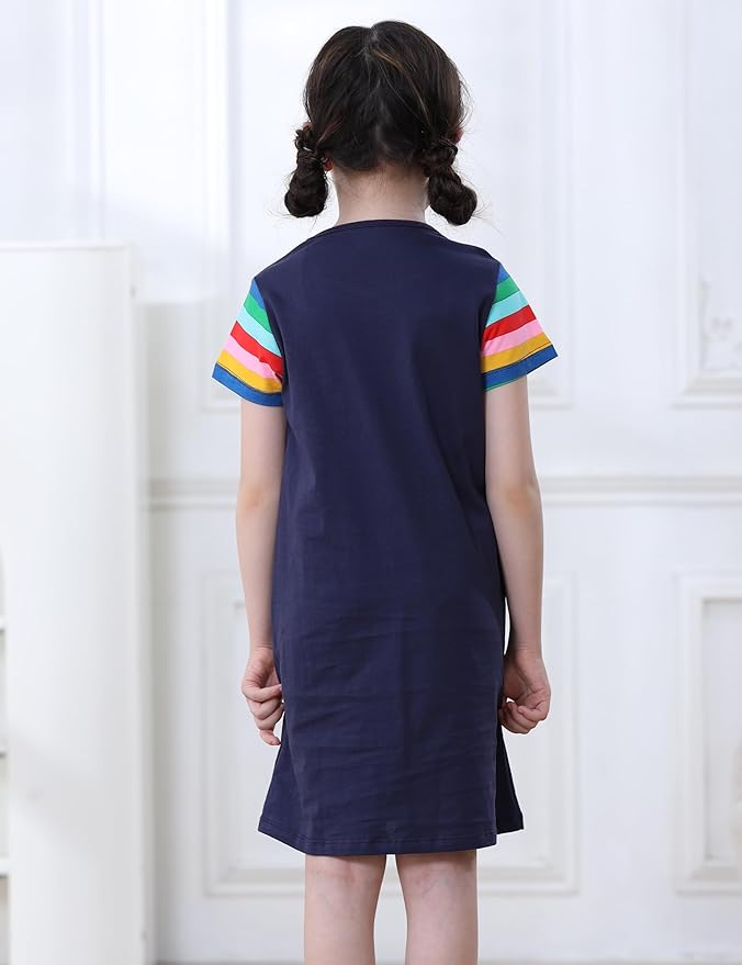 FreeLu Toddler Girls Striped Summer Dress Cartoon Appliques Dresses Girls Cotton Casual Clothing 2-7Y