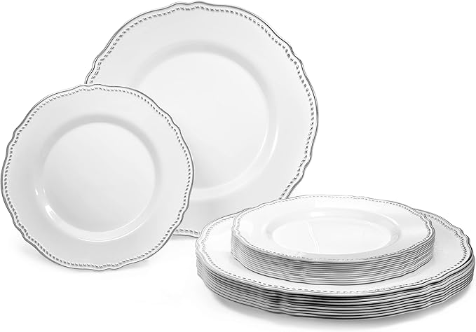 " OCCASIONS " 50 Plates Pack (25 Guests)-Heavyweight Wedding Party Disposable Plastic Plate Set -25 x 10.25'' Dinner + 25 x 7.5'' Salad/dessert plates (Rochelle White and Silver)