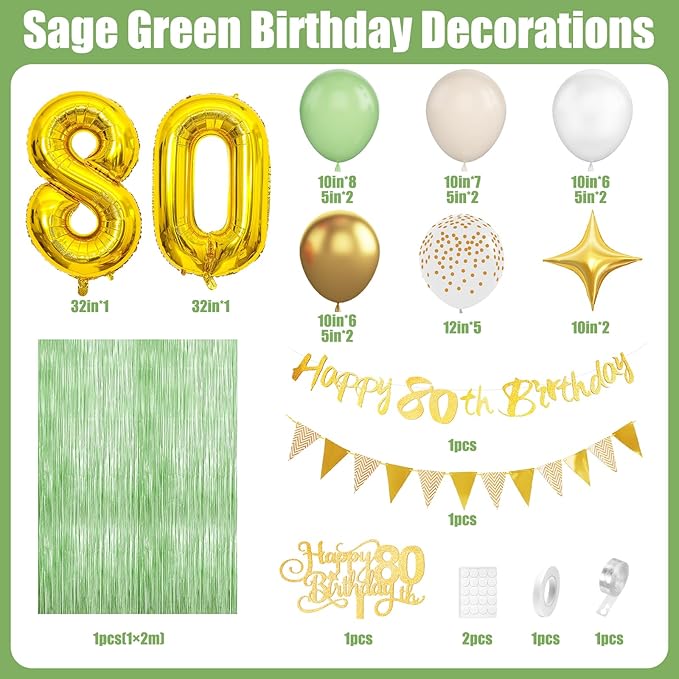 80th Birthday Decorations for Women Men, Sage Green Gold 80th Birthday Balloons with Glitter Happy 80th Birthday Banner Fringe Curtain Cake Toppers Number 80 Balloons for Women Men Birthday Decoration