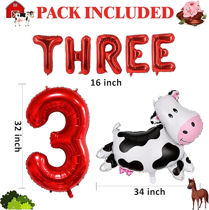 14pcs Farm Animal Balloons (Cow, Sheep, Duck, Rooster, Pig, Donkey) for 3rd Birthday Party Decor, Unisex, Children, Red