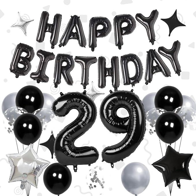 32 Inch 29 Balloon Numbers, Happy Birthday Balloon Banner 16 Inch Mylar Foil Letters Balloon Silver and Black Star Balloons for 29th Birthday Decorations for Men Black Party Decorations