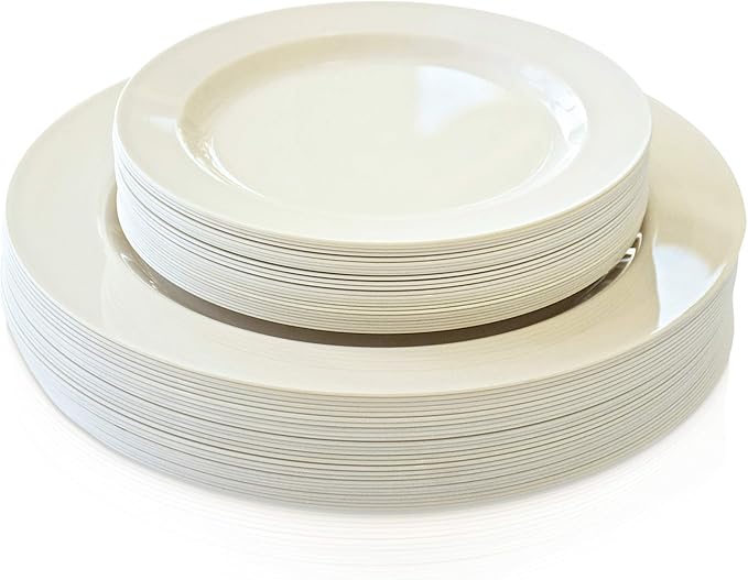 " OCCASIONS " 120 Plates Pack,(60 Guests) Heavyweight Premium Wedding Party Disposable Plastic Plates Set -60 x 10.5'' Dinner + 60 x 7.5'' Salad / Dessert (Plain Ivory)