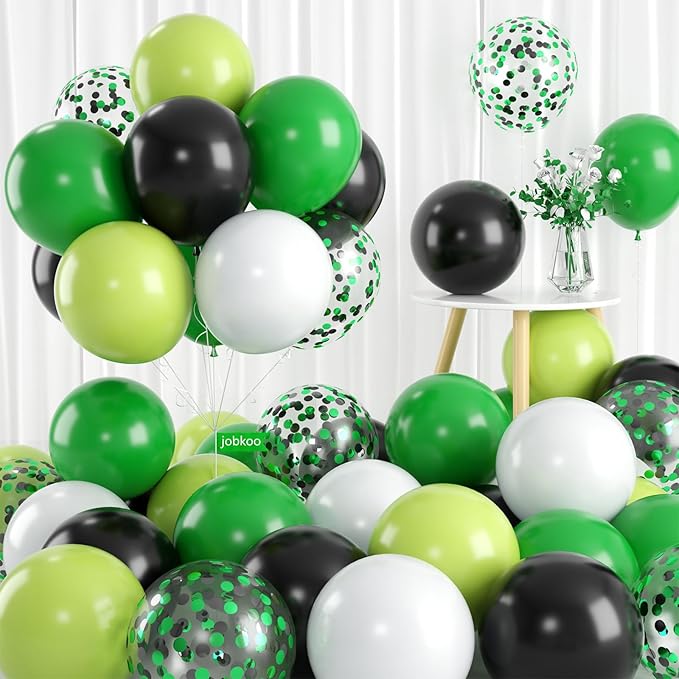 60 PCS Colorful Balloons Set with Confetti - Green, Black, White - 12 Inch Lime Green Balloons for Video Game Football Theme Party Kids Birthday Decorations