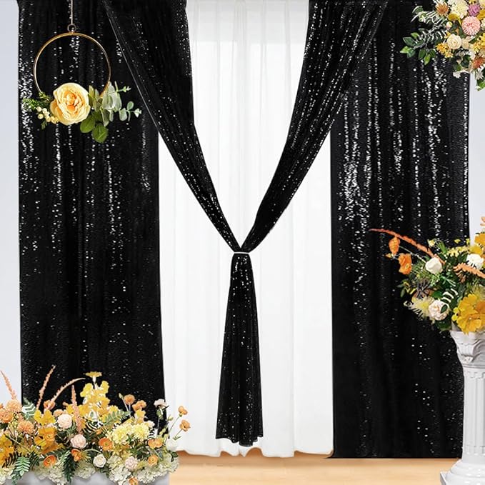 Eternal Beauty Sequin Backdrop Curtains, 2x8 Ft-2 Panels Black Back Drop for Shimmer Photography Party Wedding Birthday Decor
