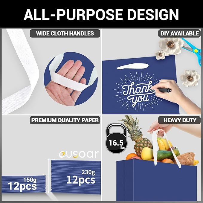 EUSOAR Blue Gift Bags Bulk, 12 pack 12.5"x4.5"x11" Kraft Paper Shopping Bags with Handles Bulk, Retail Gift Wrapping Bags for Business, Craft Grocery, Boutique, Retail, Party Favor, Wedding