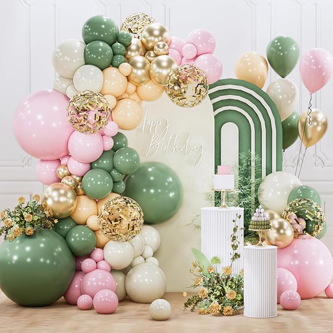 PartyWoo Pink and Green Balloon Arch Kit Garland 142pcs Different Sizes of 18 12 10 5 Inch Metallic Gold Baby Pink Sage Green Sand White Nude Gold Confetti Balloons for Birthday Party Decorations