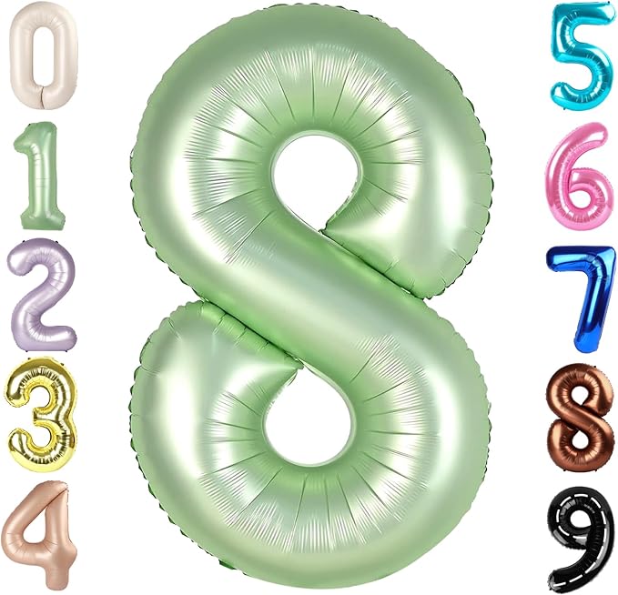 40 Inch Number 8 Balloon, Olive Green 8 18 28 80 Birthday Balloons for Men Boys, 8th Birthday Decorations Party Supplies, Wedding, Graduations
