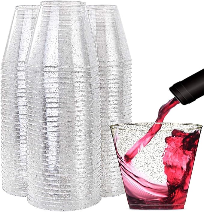 WDF 200pcs 9OZ Silver Cups, Plastic Disposable Premium Wedding Silver Glitter Plastic Cups for Party