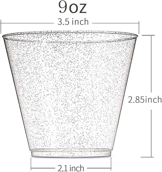 WDF 200pcs 9OZ Silver Cups, Plastic Disposable Premium Wedding Silver Glitter Plastic Cups for Party