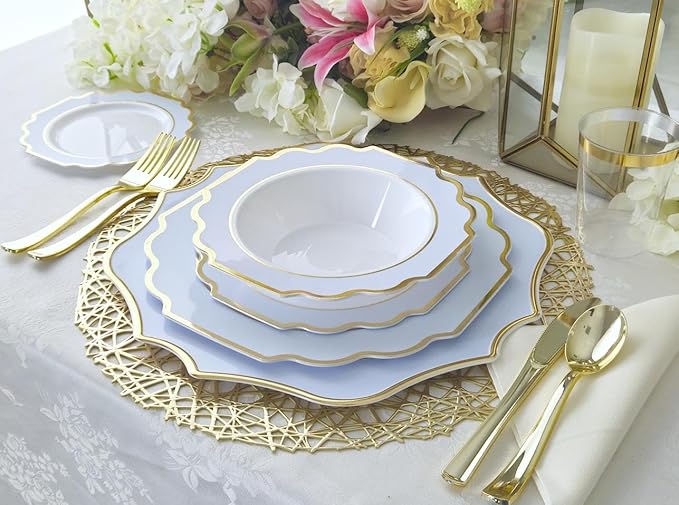 " OCCASIONS " 120 Plates Pack,(60 Guests) Heavyweight Wedding Party Disposable Plastic Plates Set -60 x 10.5'' Dinner + 60 x 8'' Salad/Dessert Plate (Imperial in White/Blue & Gold)