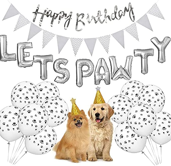Esweny Pawty Balloons & Banners - Dog & Cat Birthday Hat, Foil Balloons for Pet Party Decoration