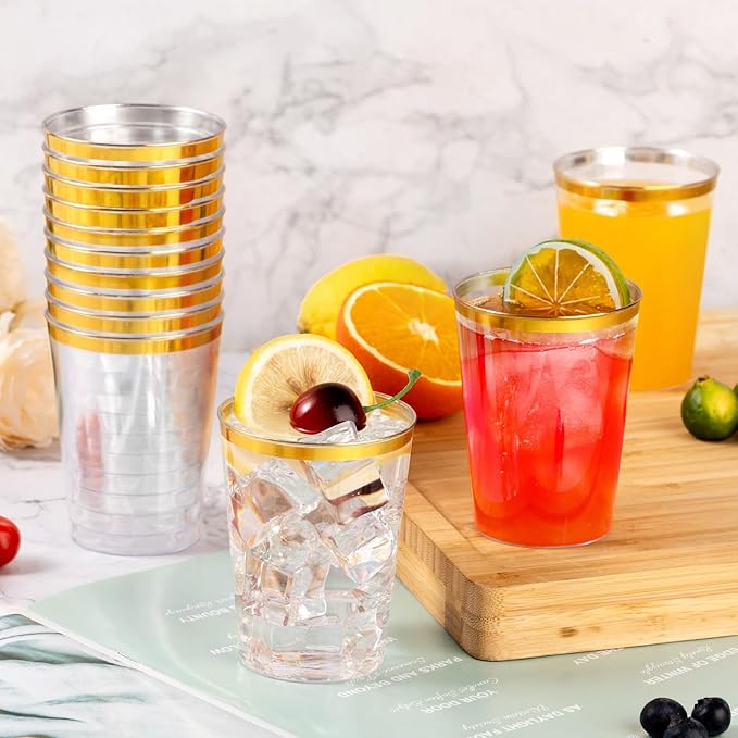 Goodluck 200PCS 12oz Gold Plastic Cups for Party, Disposable Gold Rim Cups, Plastic Cocktail Glasses for Wedding Thanksgiving, Christmas, and Parties