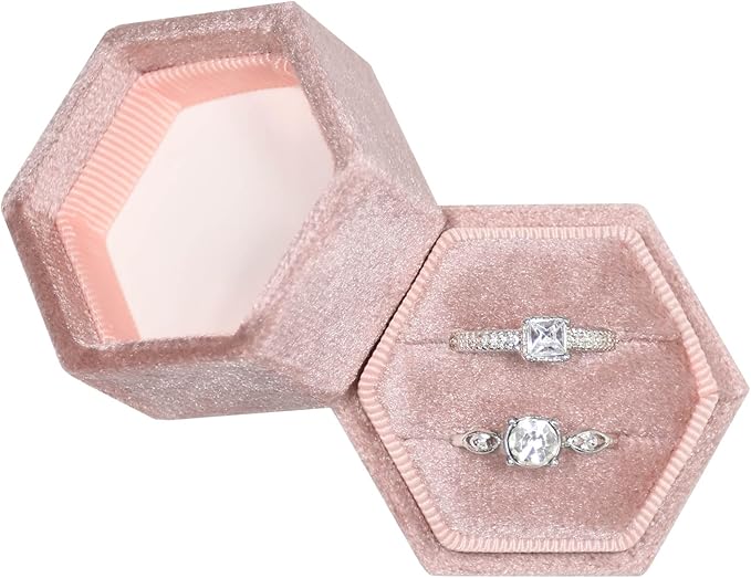 Velvet Ring Box, 2 Slots Hexagon Jewelry Ring Gift Box Vintage Ring Display Holder Case for Wedding Ceremony Proposal Engagement (Dusty Pink)