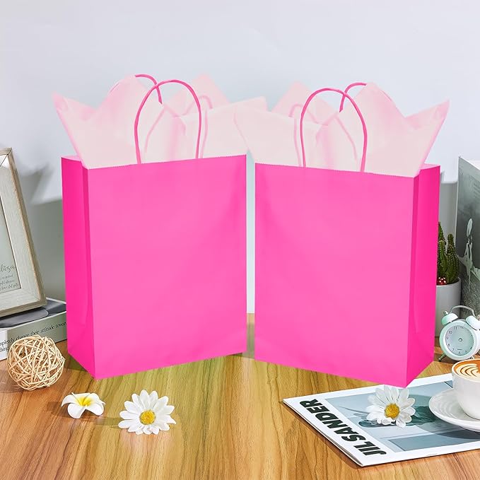 DjinnGlory 50 Pack Medium Size Hot Pink Paper Gift Bags with Handles 10x8x4 Inch and 50 Pink Tissue Paper for Mother's Day Business Birthday Wedding Bridal Baby Shower Party Favors Goodies