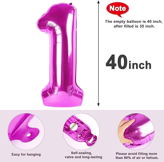 Number Balloons 1, 40 Inch One Balloons for 1st Birthday Girl Boy 1 11 21 Party Decorations Baby Shower Photo Shoot, Rose Purple 1 Balloon