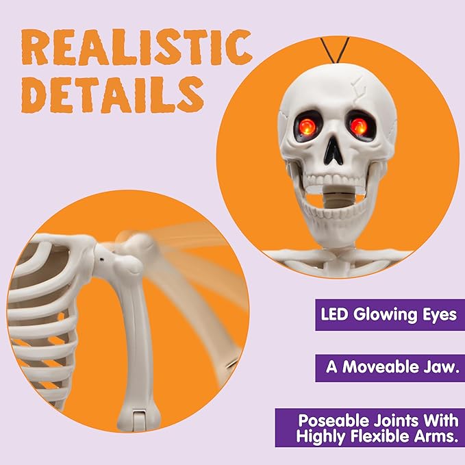 JOYIN 24 Inch Halloween Posable Skeleton with LED Red Glowing Eyes, 2FT Realistic Hanging Skeleton Bone Full Body Movable Joints for Halloween Indoor Outdoor Decoration Prop, Haunted House Party Decor