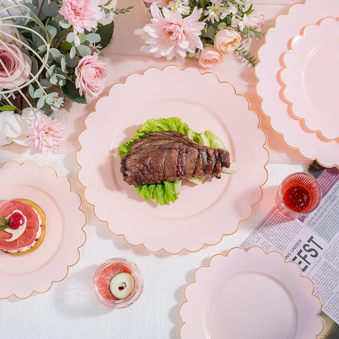 LIYH 120pcs Pink Plates Disposable Heavy Duty Disposable Plates for Party Plate Includes: 60 Dinner 10.25" & 60 Dessert Plate 7.5" Elegant Gold Rim Suitable for Bridal Shower Birthday Pink Party Decor
