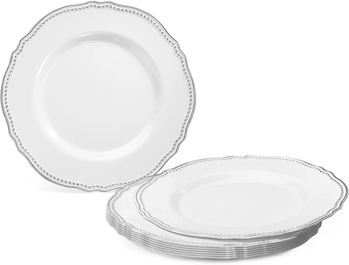 " OCCASIONS " 50 Plates Pack (25 Guests)-Heavyweight Wedding Party Disposable Plastic Plate Set -25 x 10.25'' Dinner + 25 x 7.5'' Salad/dessert plates (Rochelle White and Silver)