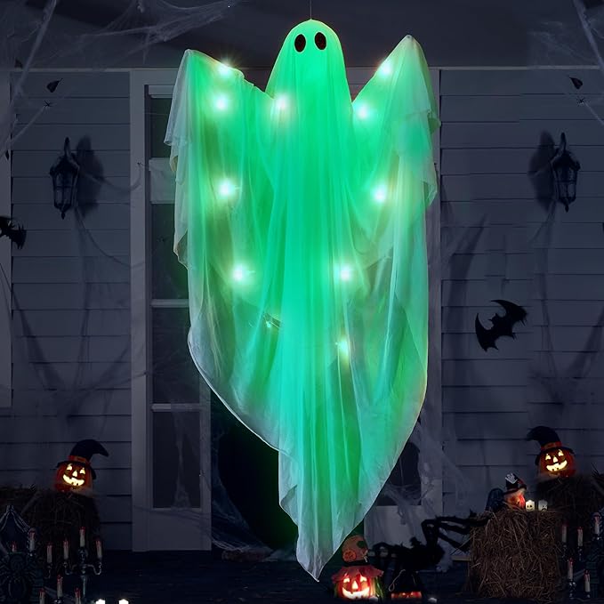JOYIN Halloween Hanging Light up Ghost with Spooky Green LED Light, 47” Halloween Hanging White Ghosts Decoration for Front Yard Patio Lawn Garden Party Decor Indoor Outdoor