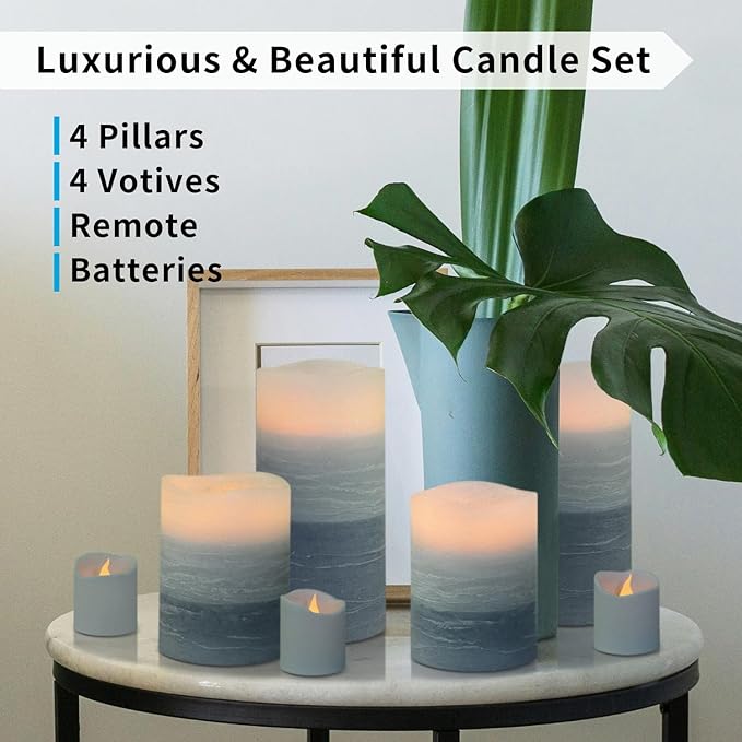 FURORA LIGHTING Blue Ombre Real Wax Flameless Candles with Remote and Timer, 4 Pillars and 4 Votives Pack of 8, LED Flickering Candles for Home Décor, Battery Operated