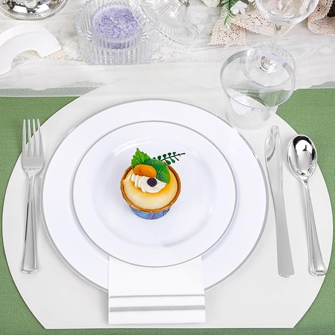 SUT 175 Piece Silver and White Plastic Dinnerware Set for 25 Guests, Disposable Plastic Plates, Include: 25 Dinner Plates, 25 Dessert Plates, 25 Pre Rolled Napkins with Silver Silverware, 25 Cups