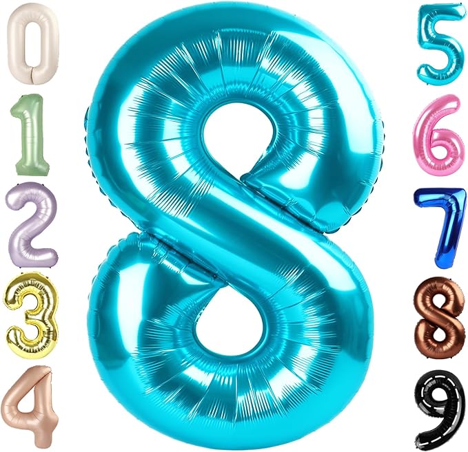 40 Inch Number 8 Balloon, Light Blue 8 18 28 80 Birthday Balloons for Men Boys, 8th Birthday Decorations Party Supplies, Wedding, Graduations