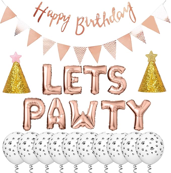 Legendog Dog Paw Print Balloons Cat Birthday Hat Banner Foil Balloons Lets Pawty Letters Decorations (Rose Gold)