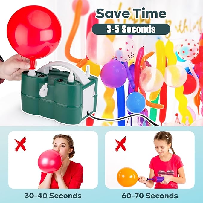 Balloon Pump Electric, 3-in-1 Portable Automatic Dual Nozzle Inflator 110V with Tying Tools for Birthday Gender Reveal Baby Shower Balloons Party Decorations(Green)