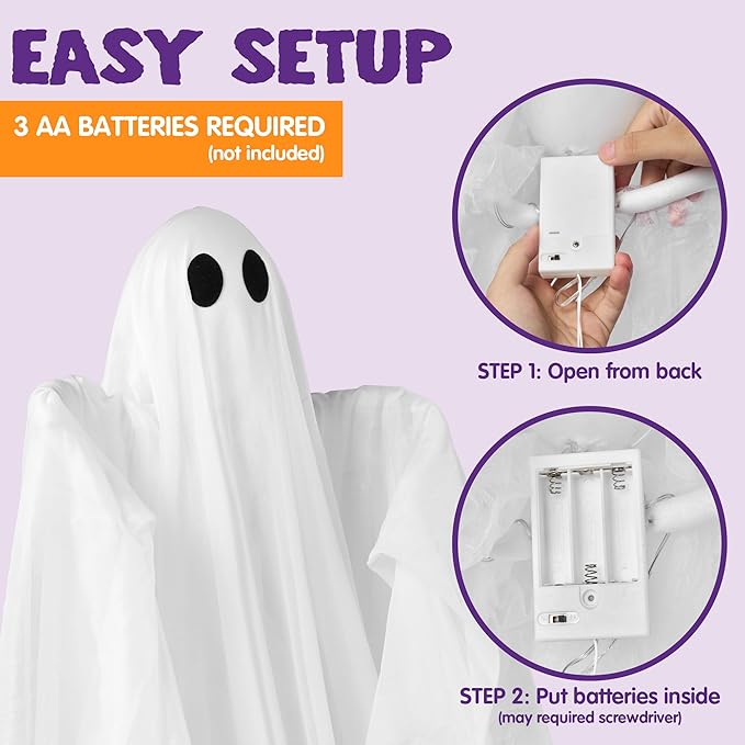 JOYIN Halloween Hanging Light up Ghost with Spooky Warm White LED Light, 47” Halloween Hanging Decoration White Ghosts for Front Yard Patio Lawn Garden Party Decor Indoor Outdoor