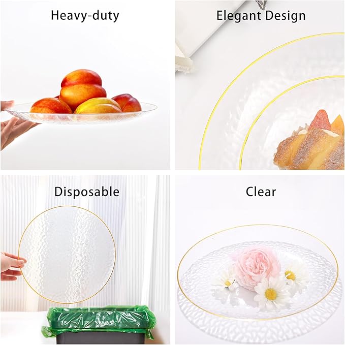 150 Pcs Plastic Dinnerware Set Disposable for 25 Guests - Clear Plates with Gold Trim, Fancy Plastic Plates for Party Wedding Birthday Halloween