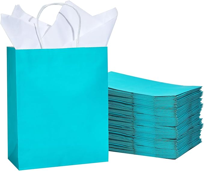 DjinnGlory 50 Pack Medium Size Teal Blue Paper Gift Bags with Handles 10x8x4 Inch and 50 White Tissue Paper for Small Business Wedding Bridal Baby Shower Birthday Party Favors Goodies