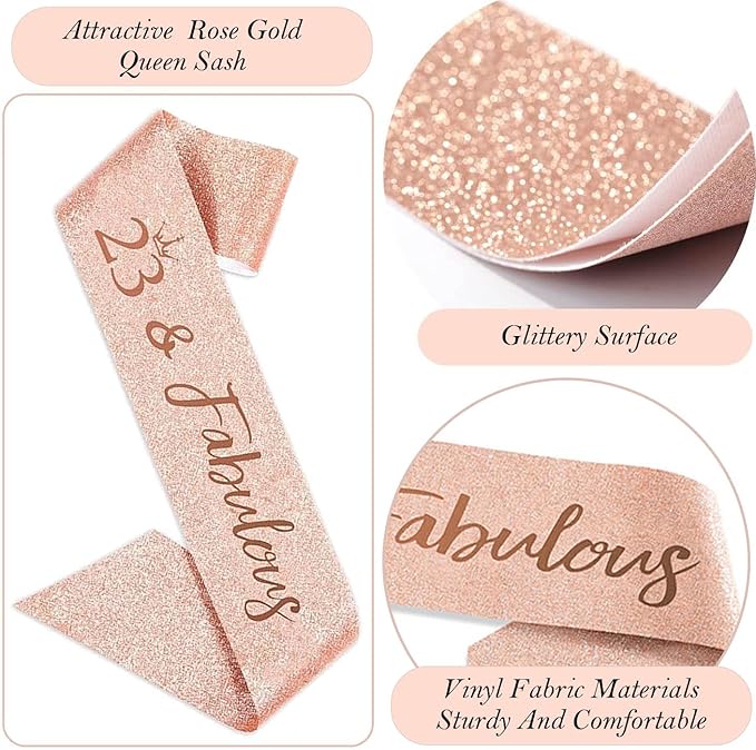 23rd Birthday Decorations for Her Girls Women, Including 23 year old Birthday Cake Topper, Queen Sash with Pearl Pin, Sweet Rhinestone Tiara Crown, Number Candles and Balloons Set, Rose Gold