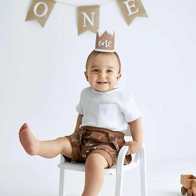 KOJIN 1 St Linen Birthday Hat For Boy - 1st Natural Decor Birthday Hat, Retro Style White Cake Smash Photo Prop