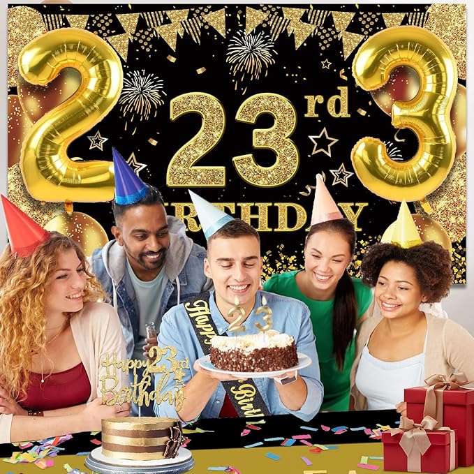 23rd Birthday Decorations Men Women with 23rd Birthday Banner, Black and Gold Table Cloth, Number Balloons, Large Sash, Cake Topper and Candles