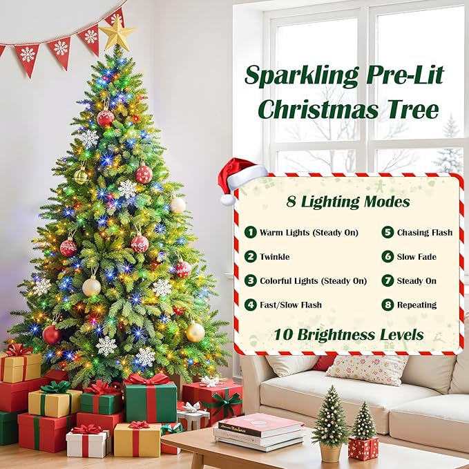 Artificial Full Christmas Tree, Rotating & Foldable Stand, 9ft Pre-Lit Spruce Holiday Xmas Musical Tree with Remote, RGB & Warm White Light, Green