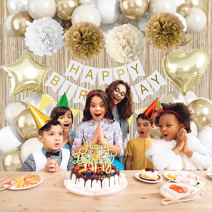 White Gold Birthday Decorations, Beige Gold Party Décor with Foil & Latex Balloons Sash Fringe Curtains Happy Birthday Banner Cake Topper Paper Pompoms Party Decor for Women Girl