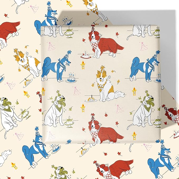 RiukRaiu Dog Wrapping Paper for Birthday - Yellow Gift Wrap Dessert Cake Candles Birthday Hat Akita Corgi Shepherd for Party, Holiday – 4 Folded Sheets 28 X 40 Inch, Easy to Store