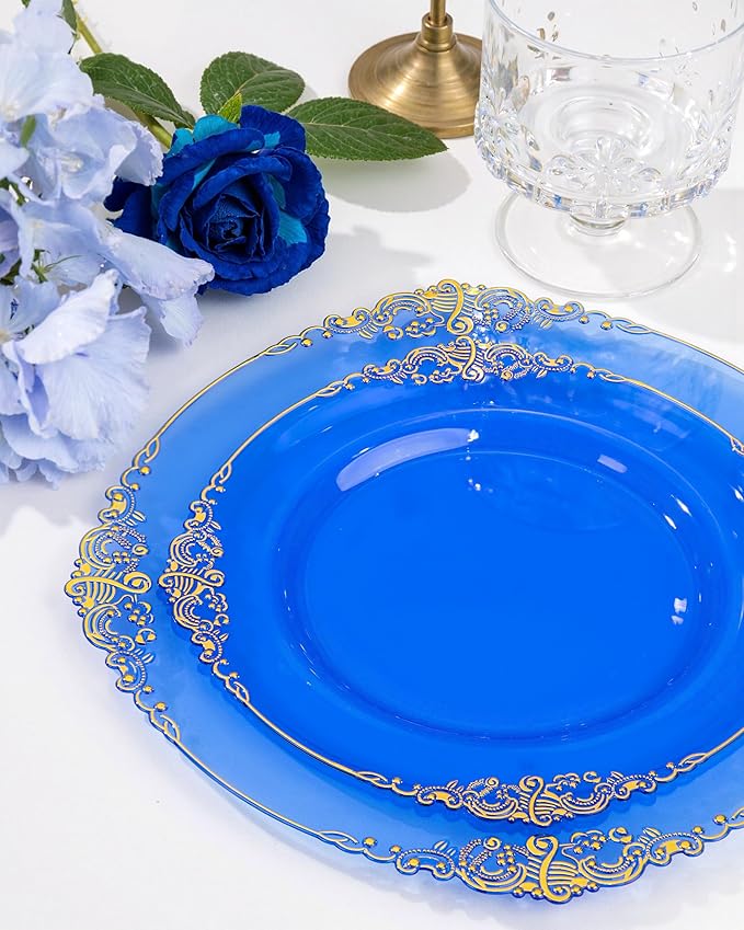 Nervure 175PCS Clear Blue Plastic Plates - Plastic Dinnerware Set Include 25Dinner Plates, 25Dessert Plates, 25Cups, 25Forks, 25Knives, 25Spoons, 25Napkins Perfect for Wedding & Party