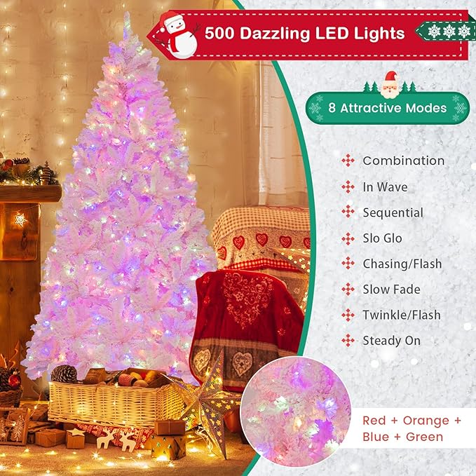 GOFLAME 7FT Pre-Lit Artificial Christmas Tree Snow Flocked, Hinged Xmas Tree with 1200 PVC Branch Tips, 500 LED Lights & 8 Lighting Modes, Holiday Decoration Tree for Home, Office, Party, Pink