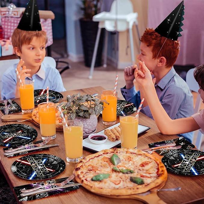 168pcs Galaxy Party Decorations Plates Napkins Disposable Paper Cups Black Forks Galaxy Movie Birthday Party Supplies Tableware Set for Kids Boys Birthday Decor Serves 24 Guests